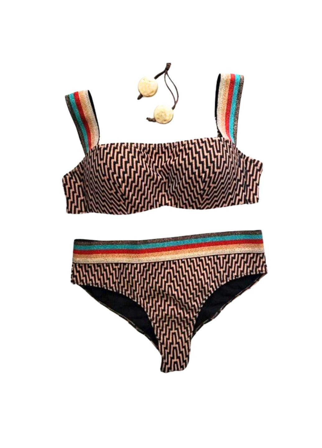 Бежевий купальник роздільний чашка бандо з вбудованим «пуш-ап» та плавками бразиліана бронзово-чорний noele bpsg-050 Toccata