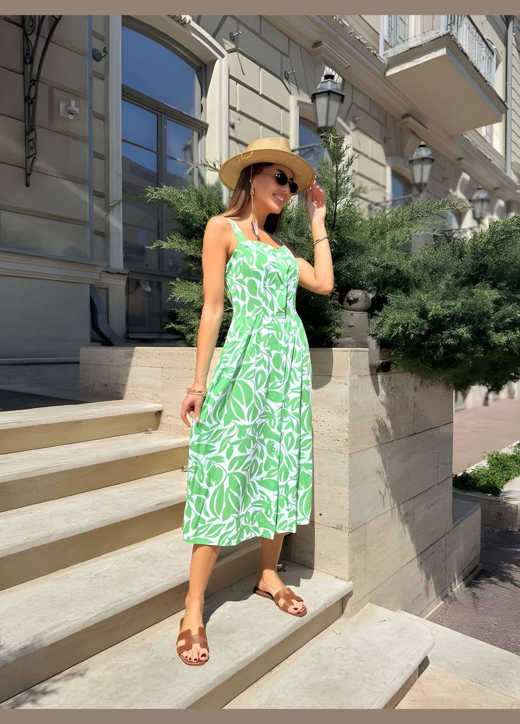 Жіноча літня легка сукня сарафан міді з квітковим принтом штапель зелена Україна (341676015)