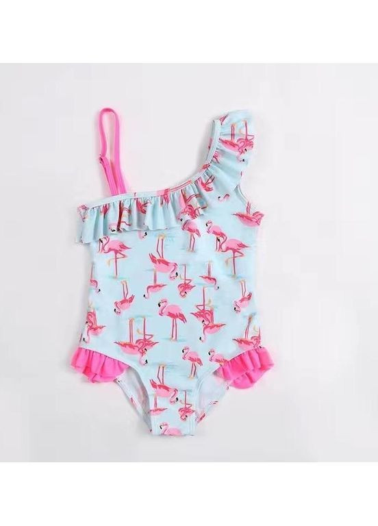 Блакитний літній купальник для дівчинки з фламінго суцільний BabyStyle