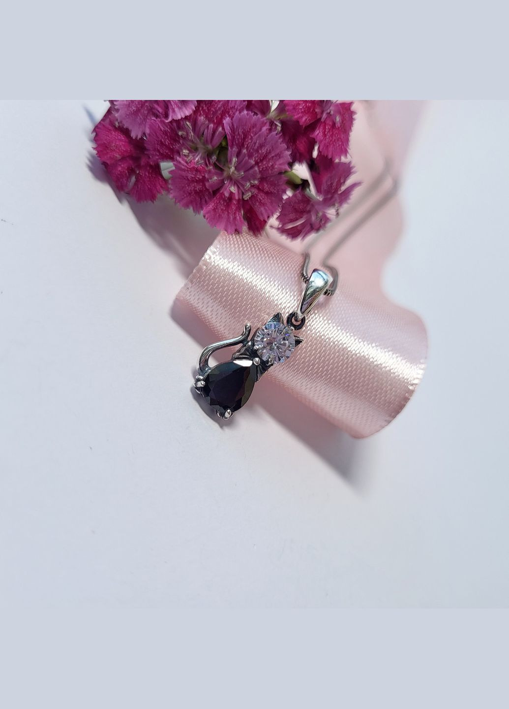 Срібна підвіска кулон Кішка з Чорним камінням срібло 925 проби чорнене 3473 2.27г No Brand (306742672)