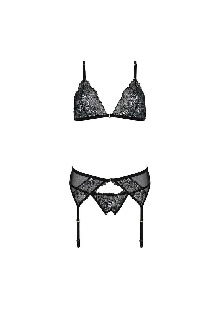 Комбінований демісезонний комплект з відкритим доступом deliena set s/m black, ліф, стрінги, пояс для панчіх Passion