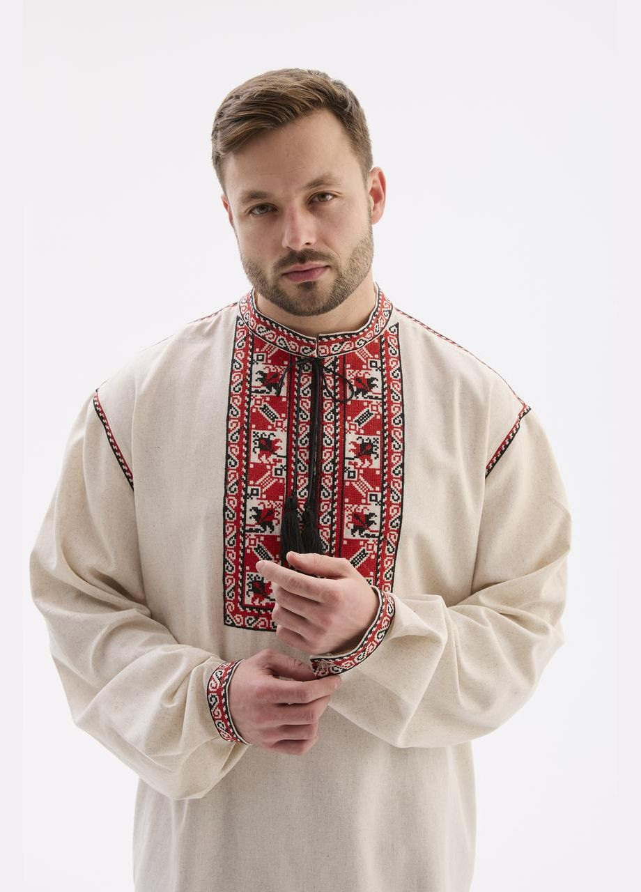 Бежевая мужская вышиванка "пикассо" MEREZHKA лен (315731894)