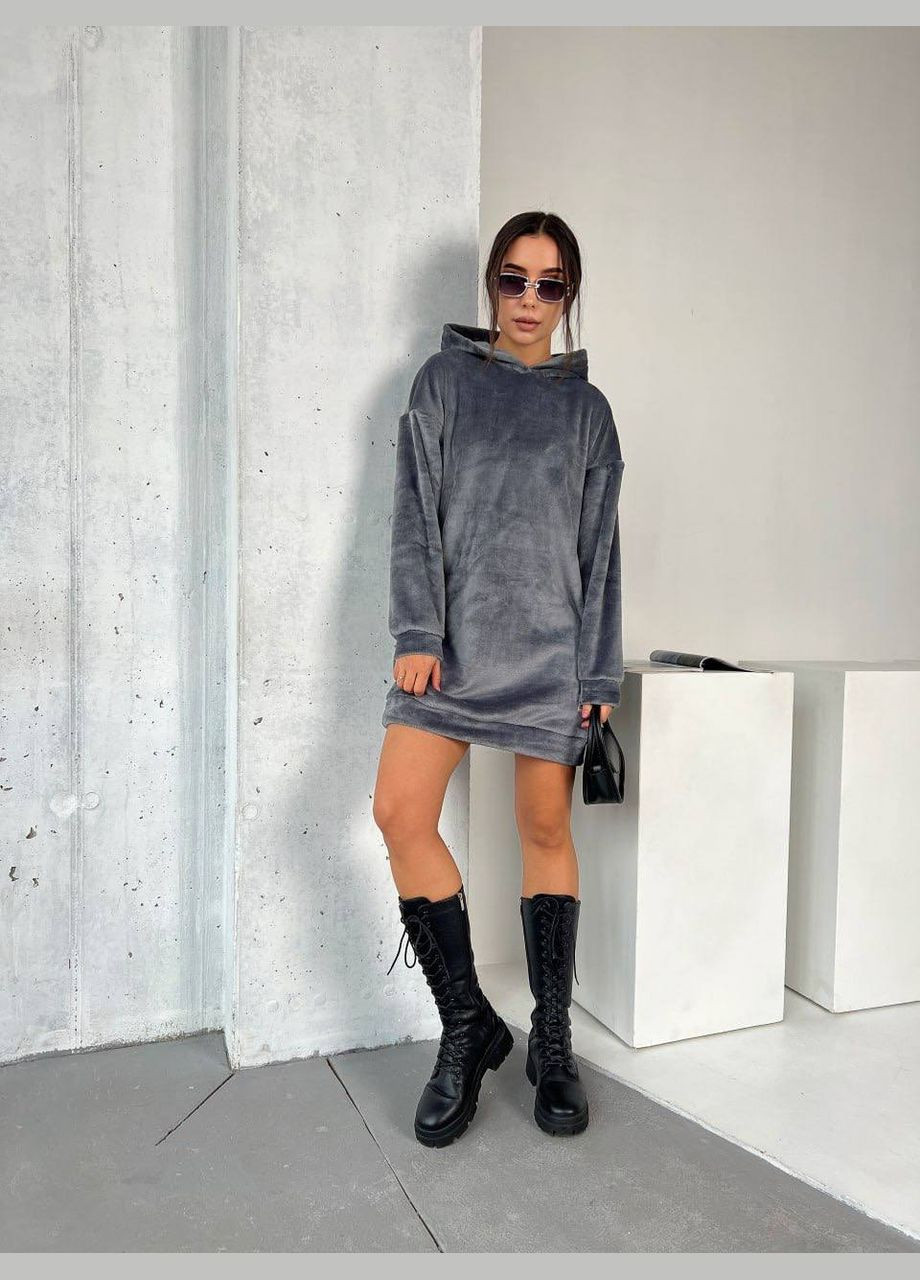 Графитовое махровое платье-туника графитового цвета 29381 платье-худи No Brand однотонное
