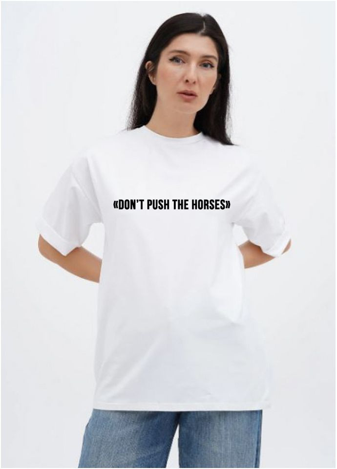 Футболка женская оверсайз 25/Ж584-24-Н белая Don't push the horses Malta - (345120643)