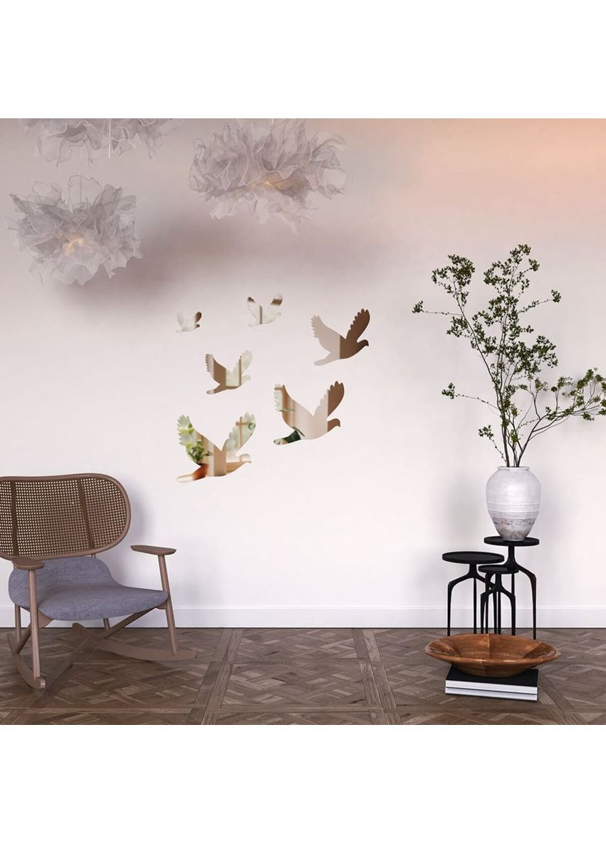 Зеркальный декор акриловый самоклеющийся Птицы серебро 6шт для интерьера дизайнерские наклейки Sticker Wall (372803732)