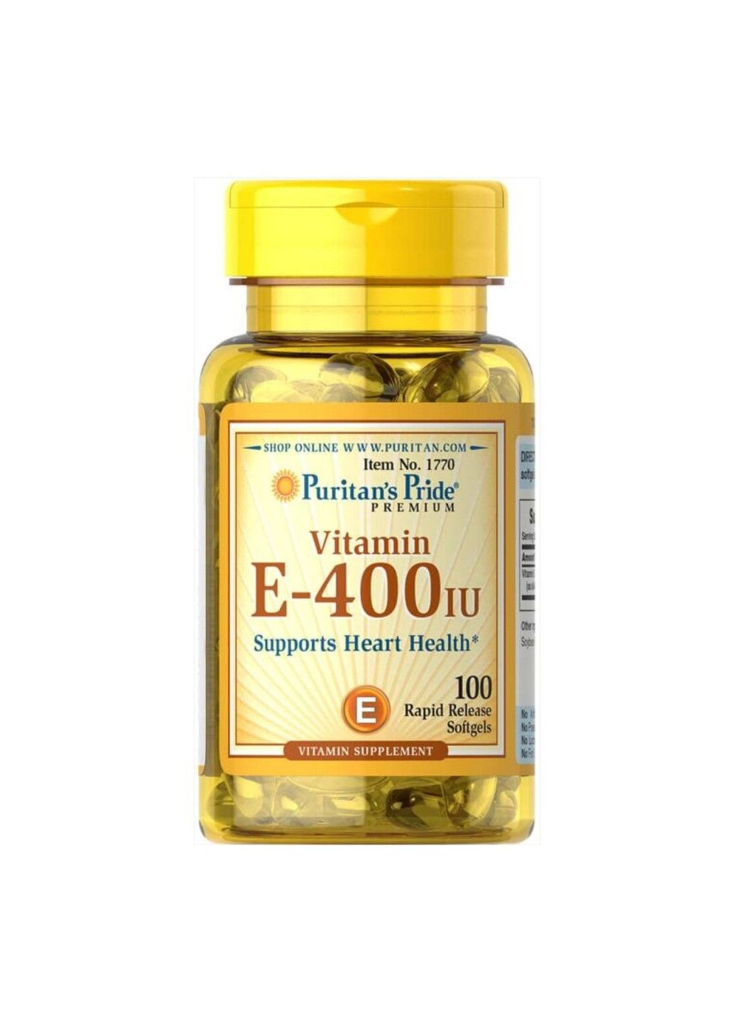 Вітамін Е для Підтримки Здоров'я Серця Vitamin E-400 IU - 100 софтгель Puritans Pride (293516658)