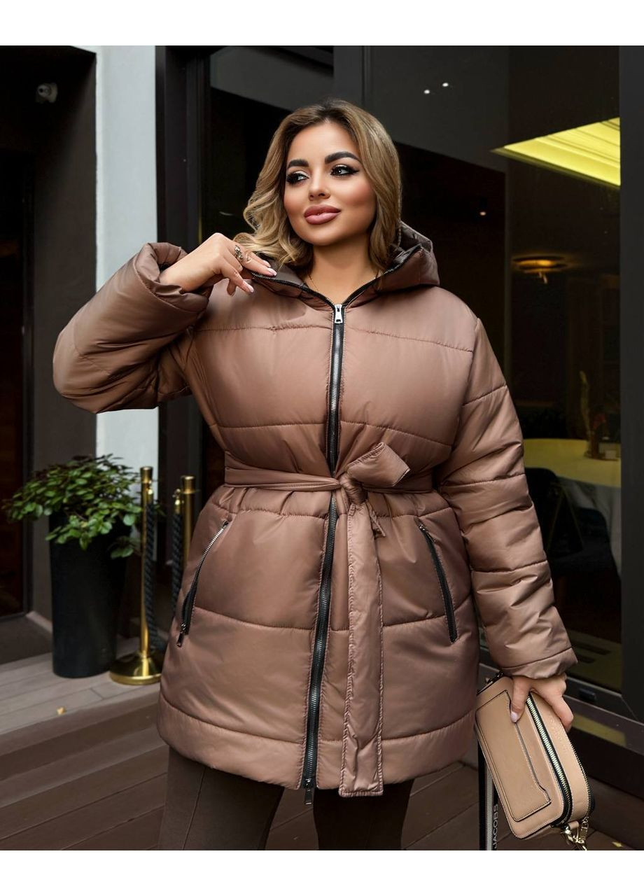 Темно-бежевая зимняя женская удлиненная зимняя куртка Гермес