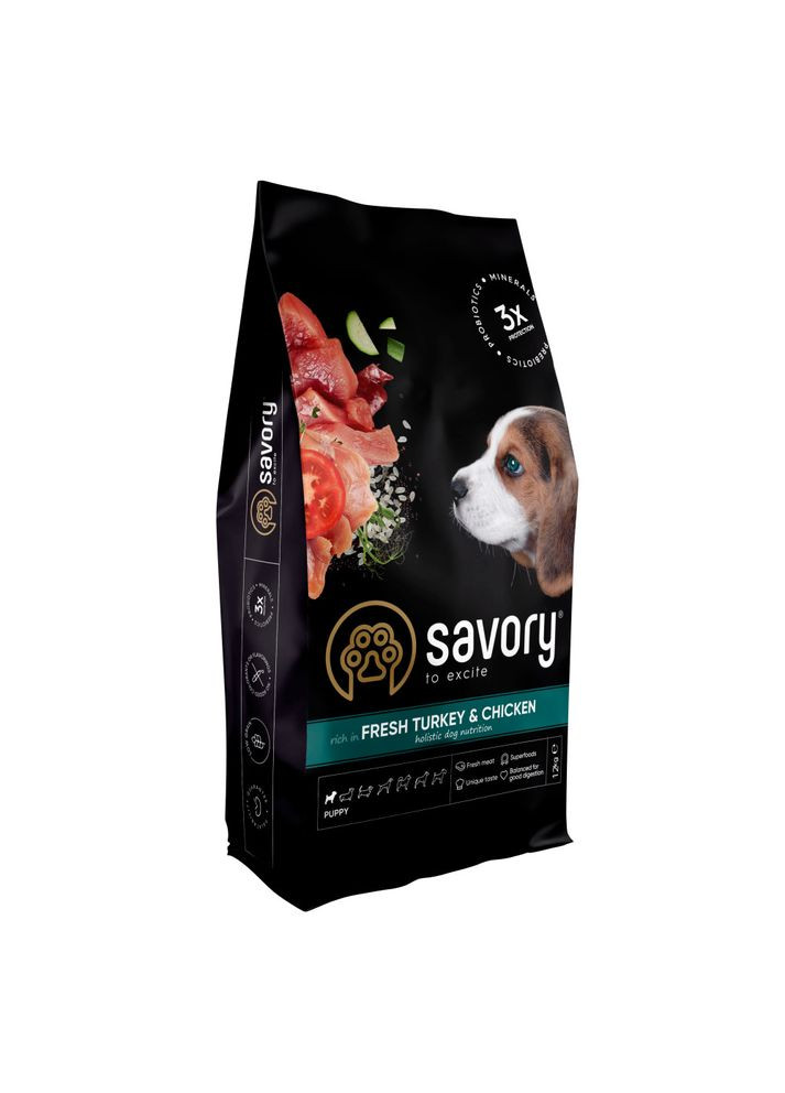 Корм сухий Puppy rich in Fresh Turkey and Chicken для цуценят всіх порід зі свіжою індичкою і куркою 12 кг Savory (362701710)