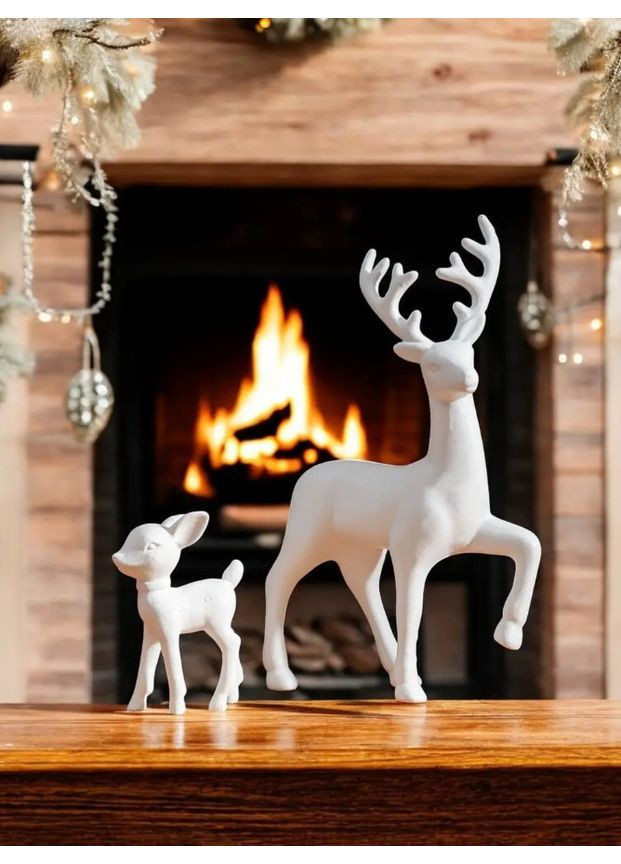 Набор новогодних фигурок оленей белый 15 см и 6 см, декоративные рождественские статуэтки для дома и интерьера No Brand (362961361)