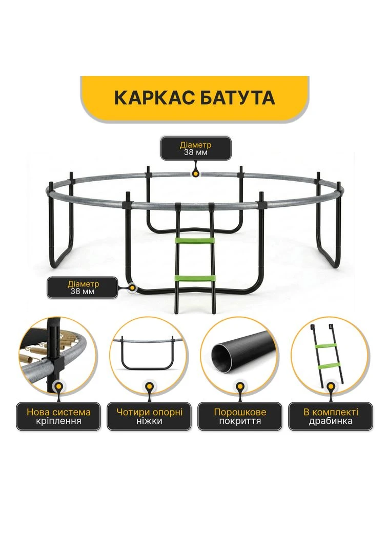 Батут ПП 374 см зелений з внутрішньою захисною сіткою LEOBRO (389080499)