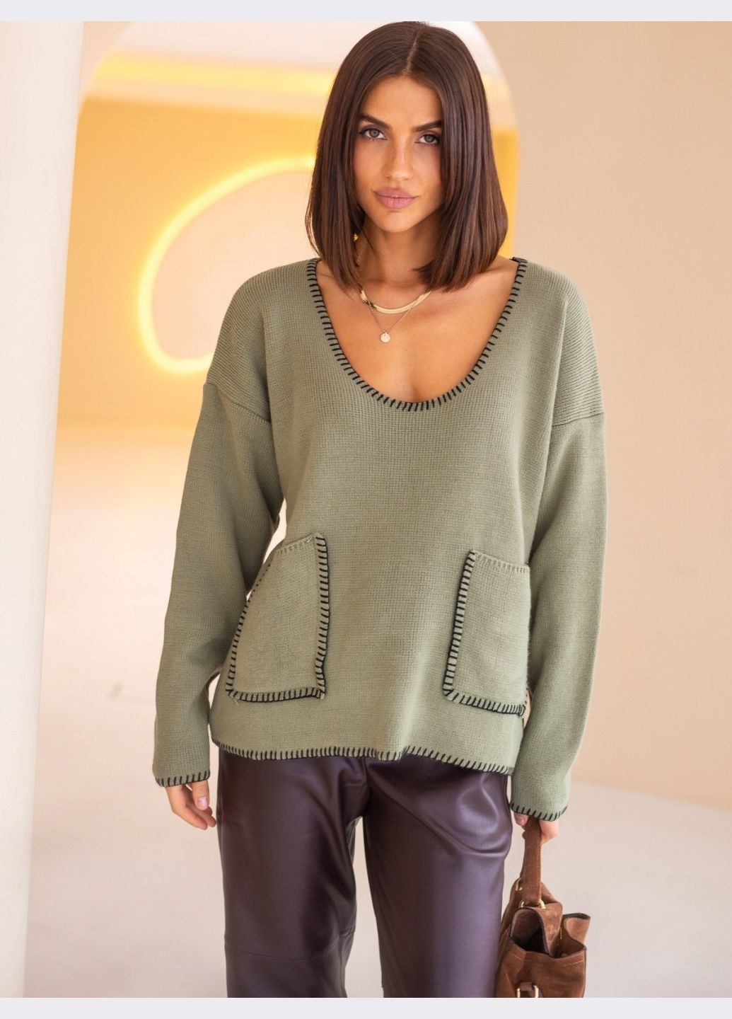 Оливковый (хаки) демисезонный вязаный пуловер цвета хаки Dressa