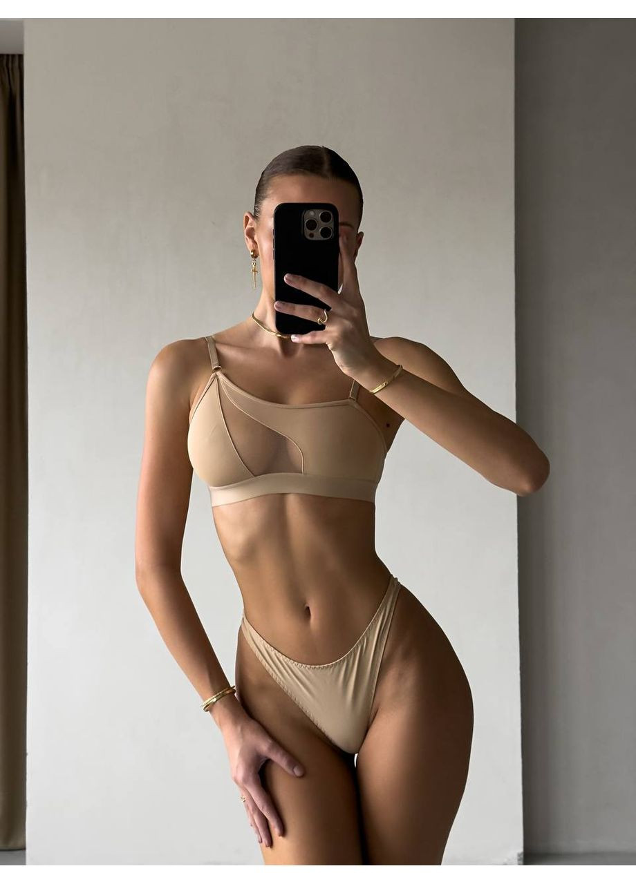 Бежевий комплект жіночої білизни у формі топа — бюст із підтримкою, знімна шлейка, завищені трусики No Brand