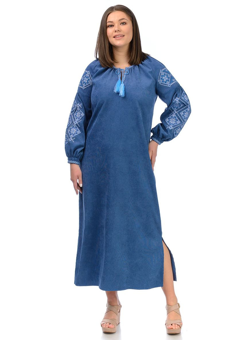 Синя сукня-вишиванка з мікро-вельвету софія (джинсовий) Golfstream вільна вельвет (317506883)