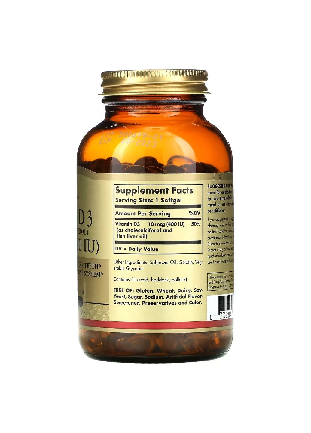 Вітамін Д3 Vitamin D3 (Холекальциферол) 10мкг (400 МО) - 250 софтгель Solgar (282826835)