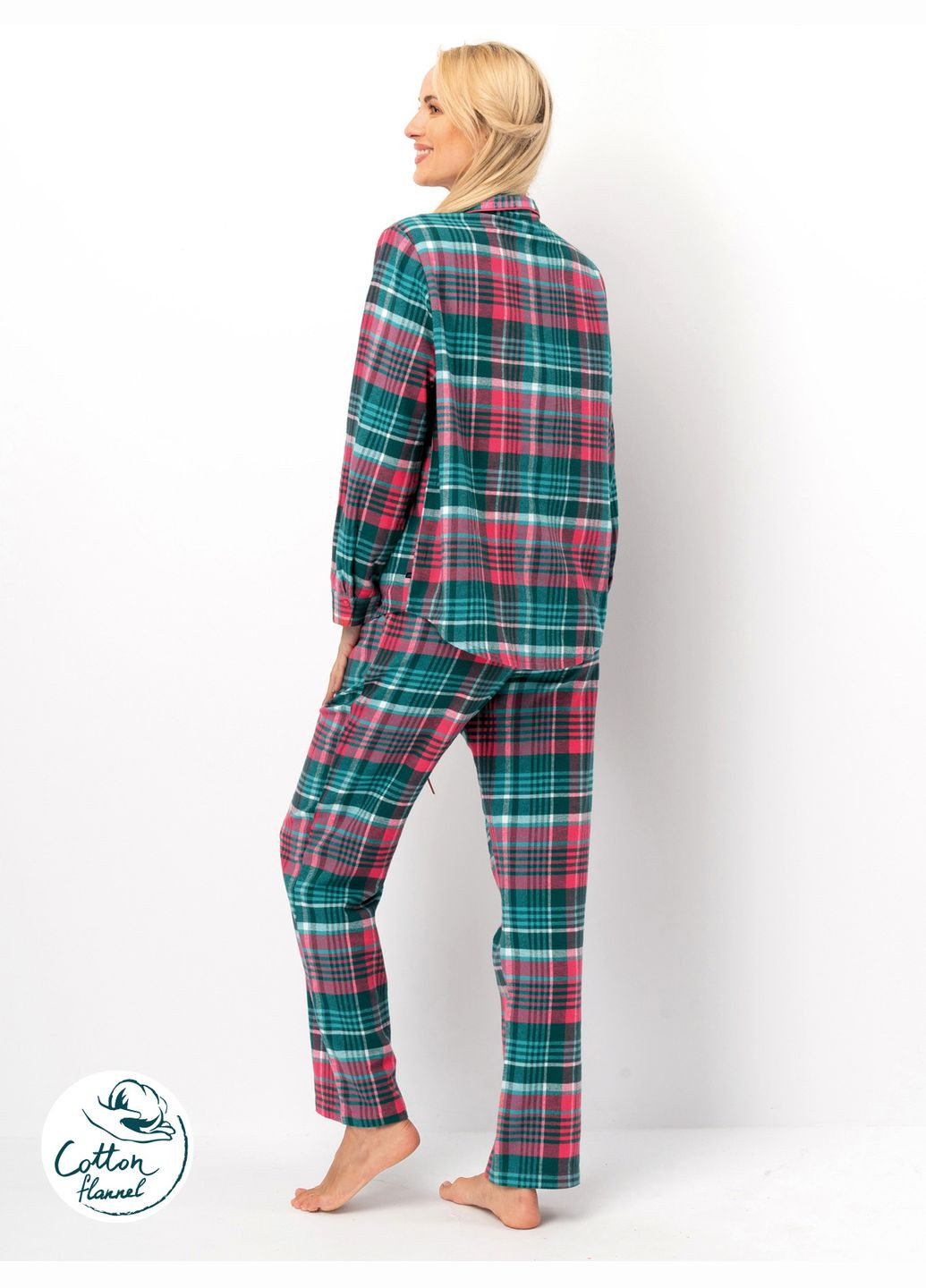 Бирюзовая зимняя женская теплая фланелевая пижама. рубашка + брюки Key