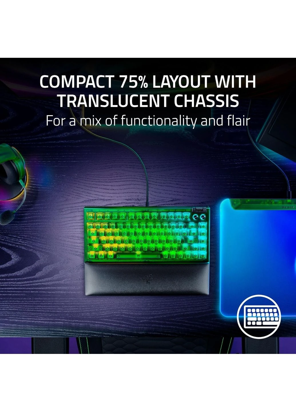 Клавіатура механічна BlackWidow V4 75%, 83key, Mechanical Tactile Switch GEN-3, USB-A, EN, RGB, Phantom Green Ed. Razer (397972948)