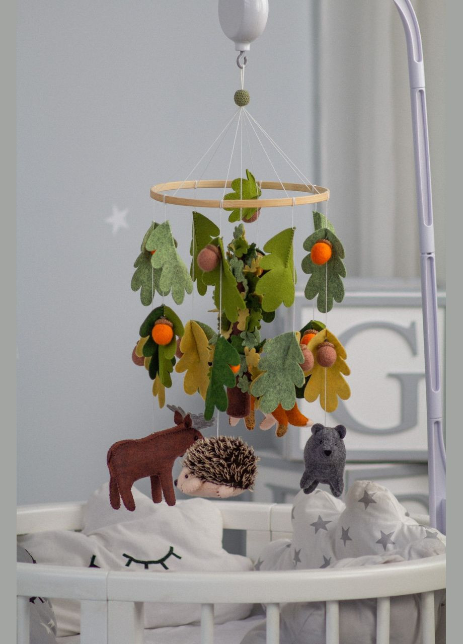 Детский музыкальный мобиль на кроватку для младенцев объемный WooolyWool «Лес» с 35 мелодиями No Brand (342757866)