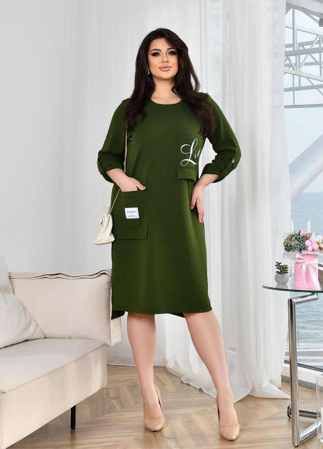 Оливкова (хакі) повсякденний повсякденна жіноча міді сукня No Brand з написами