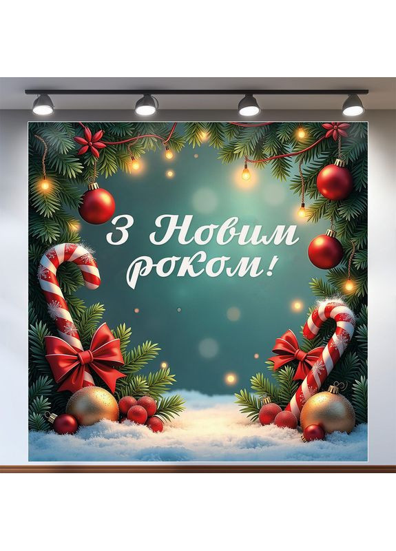Новогодний баннер "С Новым годом!" с шарами, леденцами и зимним пейзажем №46048 Vinylpex (369930098)