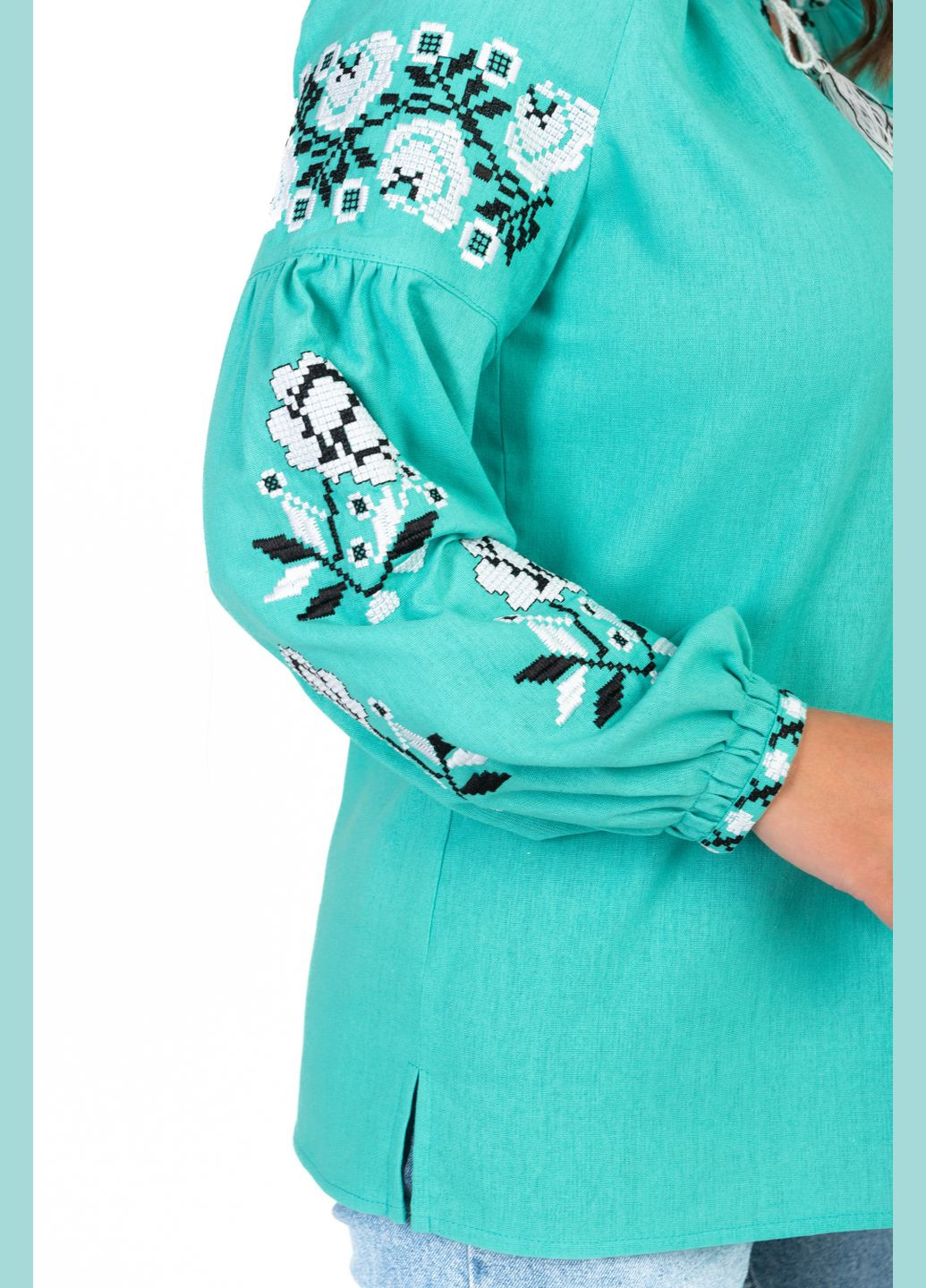 Бірюзова блузка з вишивкою жіноча троянди (бірюзовий) Golfstream пряма льон (338881491)