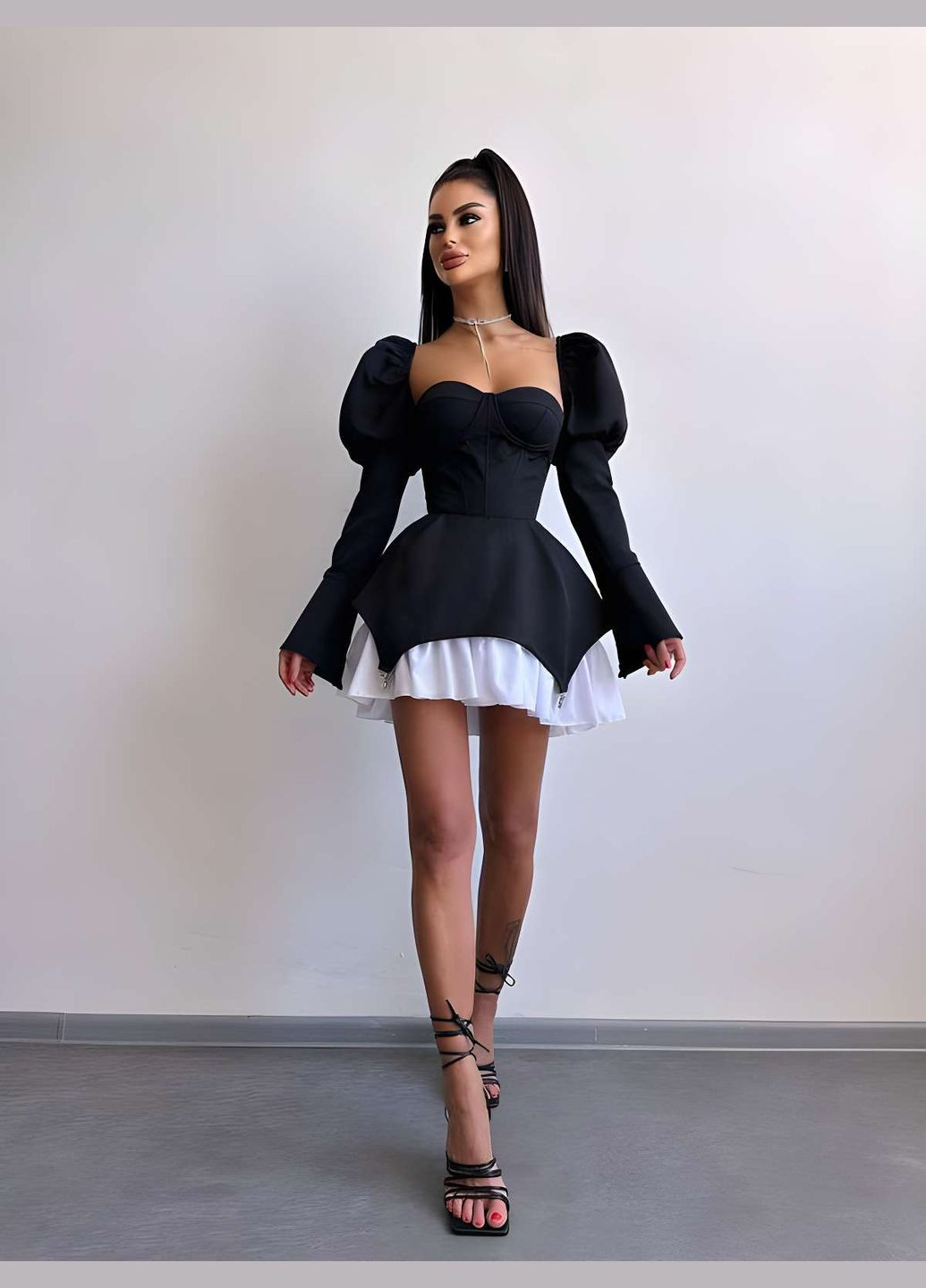 Черное праздничный, коктейльное, повседневный, кэжуал, вечернее женское короткое пышное мини платье с элементами корсета 7 цветов Україна однотонное