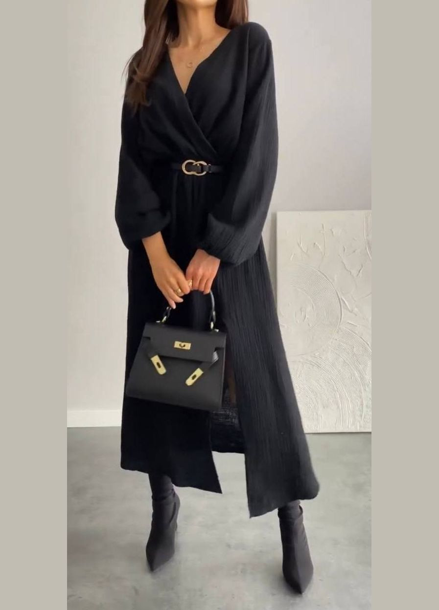 Черное кэжуал платье свободного кроя с поясом MonCher