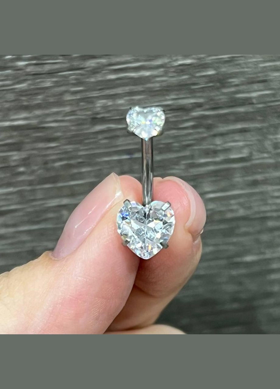 Сережка для пірсингу пупка "Алмазні сердечки" навела ювелірна сталь з цирконами у коробочці Spikes (323168528)