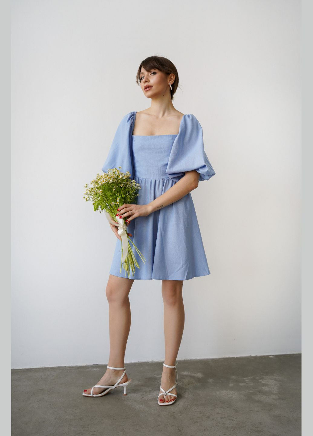 Блакитна святковий, пляжна, повсякденний, кежуал, вечірня сукня лляна з зав'язками Twice однотонна