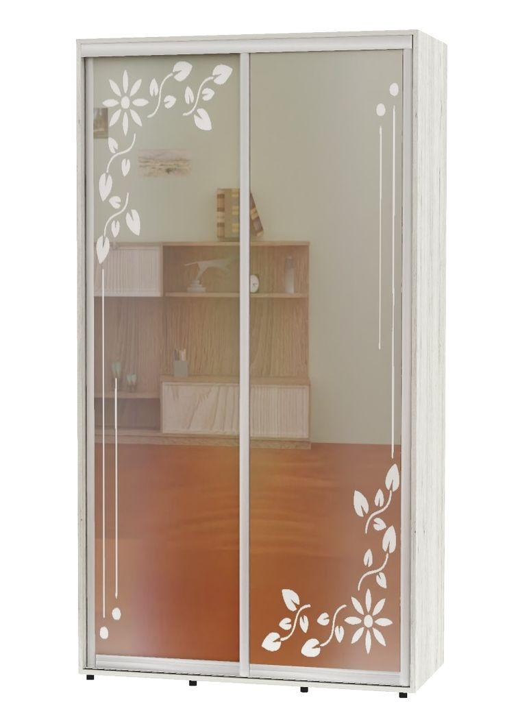 Шкаф-купе двухдверный 160*60*220 Дуб крафт белый Зеркало с пескоструйным рисунком Алекса (360467695)