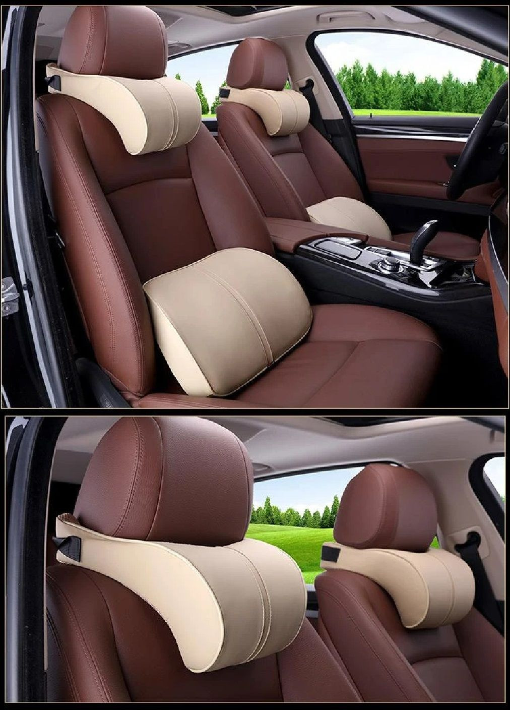 Комплект набор подушек для спины шеи на автокресло сидение в машину автомобиль экокожа пена памяти (477477-Prob) Бежевый Unbranded (297509313)