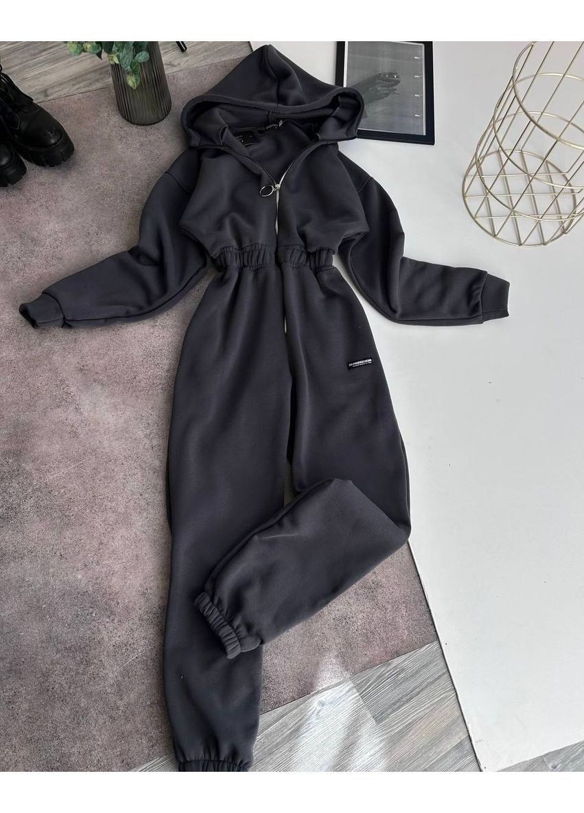 Жіночий комбінезон із довгим рукавом та капюшоном No Brand комбінезон-брюки однотонний графітовий кежуал тринитка з начосом
