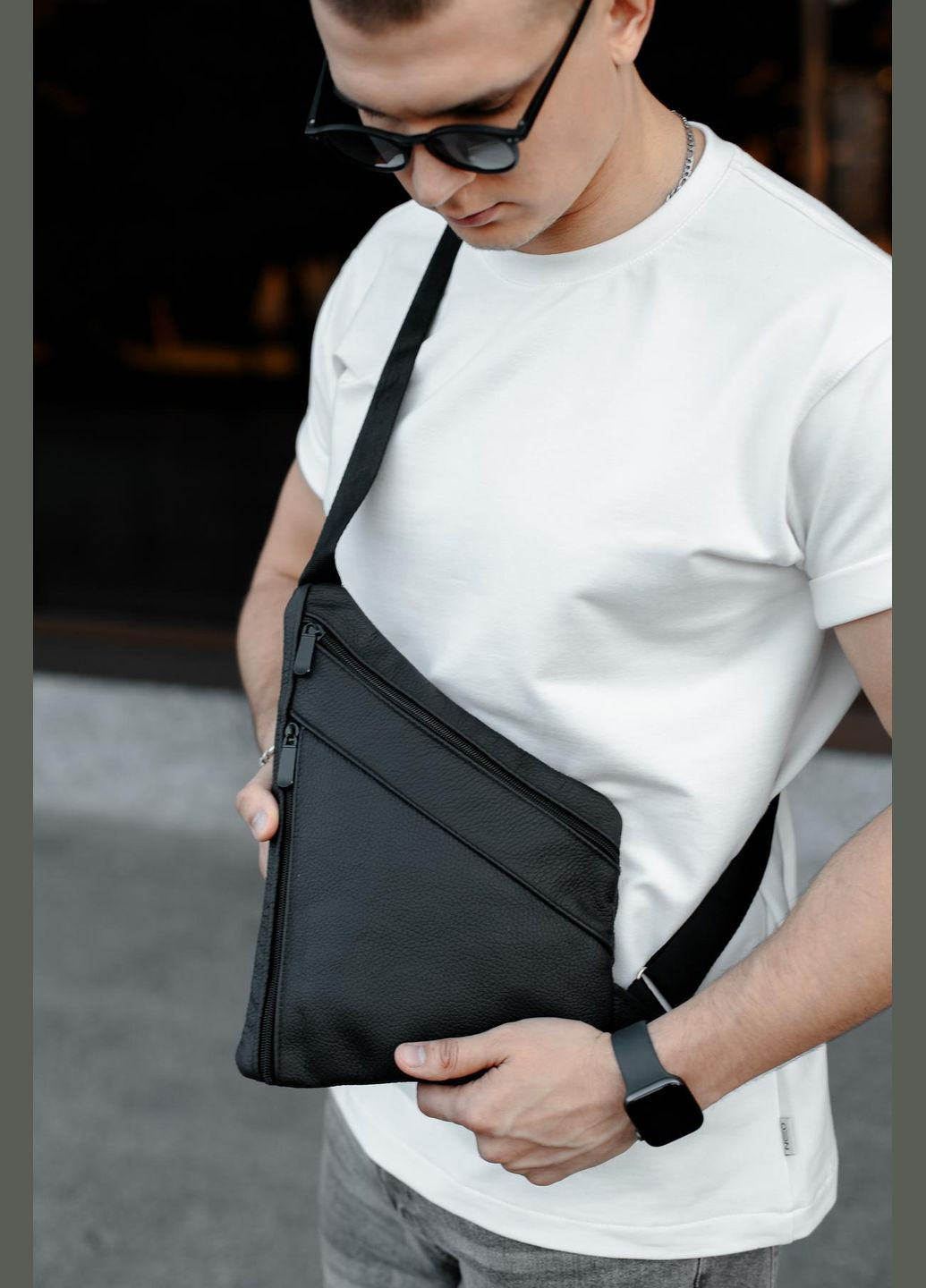 Сумка-слінг із натуральної шкіри, сумка через плече чоловіча SL024 (Чорна) SKILL (324216487)