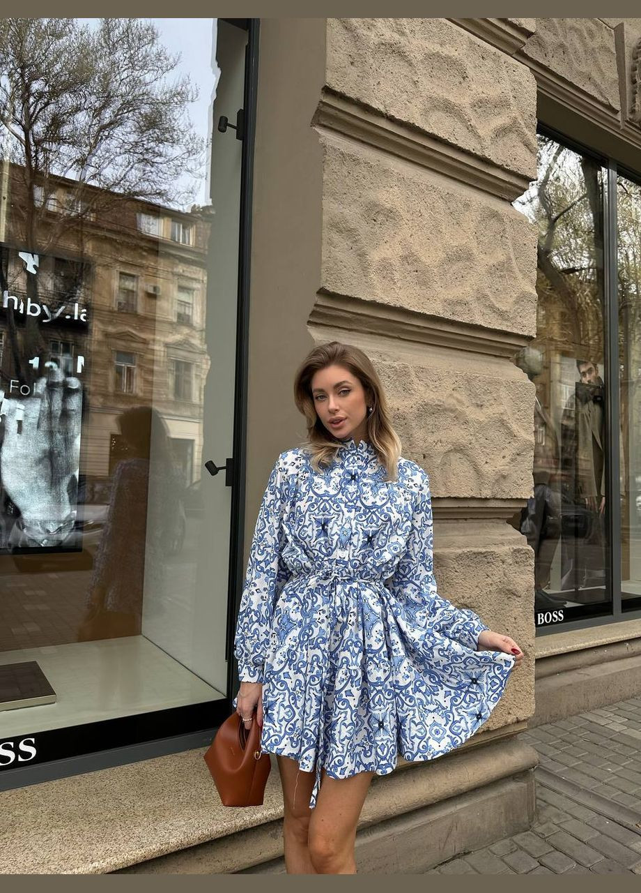 Блакитна легка сукня "прованс" блакитний-принт з тканини софт, вільна сукня зі шнурком та довгим рукавом No Brand