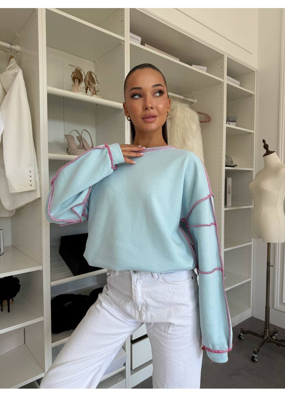 Блакитний стильний жіночий світшот оверсайз чорний без декору (362045732)