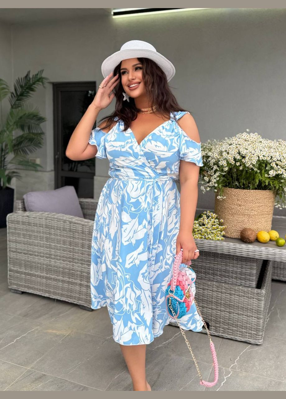 Голубое повседневный платье женское на запах Україна с цветочным принтом