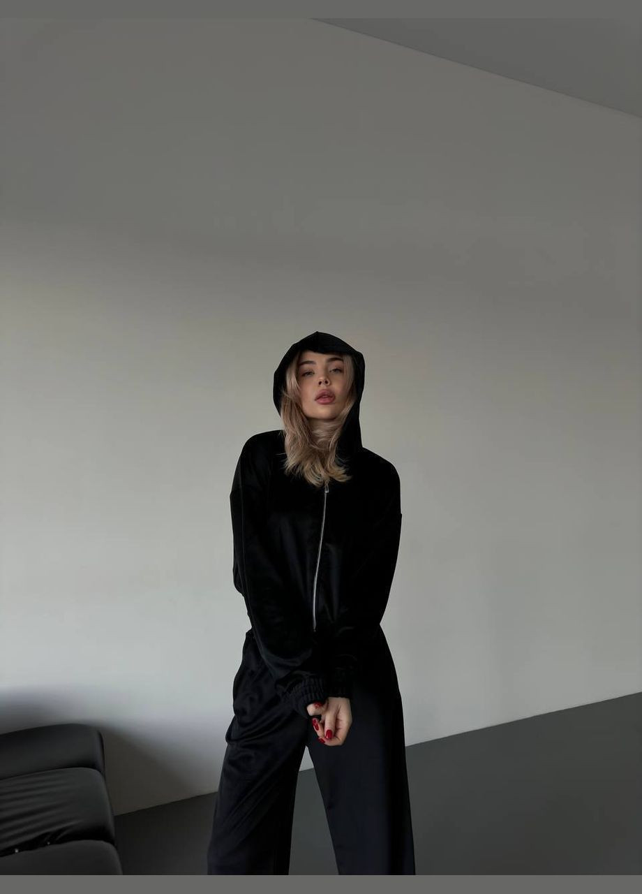 Жіночий костюм з велюру: укорочене худі на блискавці та широкі штани MonCher (338186175)