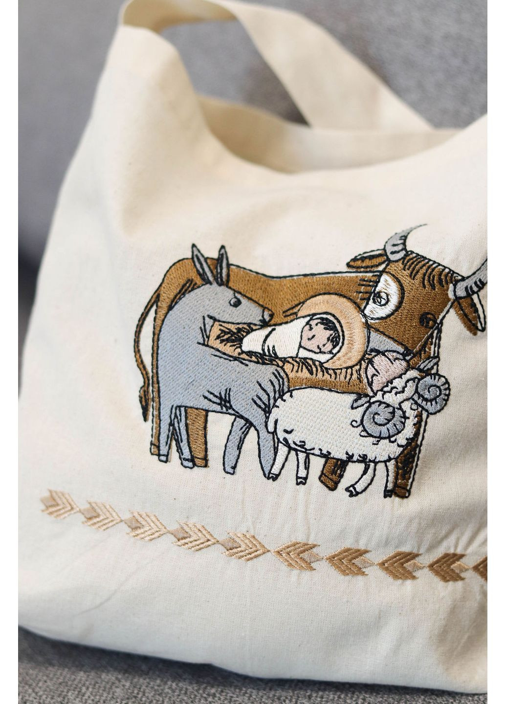 Екосумка дитяча з вишивкою (Вертеп / Різдвяна тематика) / Для посівальника / 100% бавовна, бежева, з кишенею Piccolo (369422179)