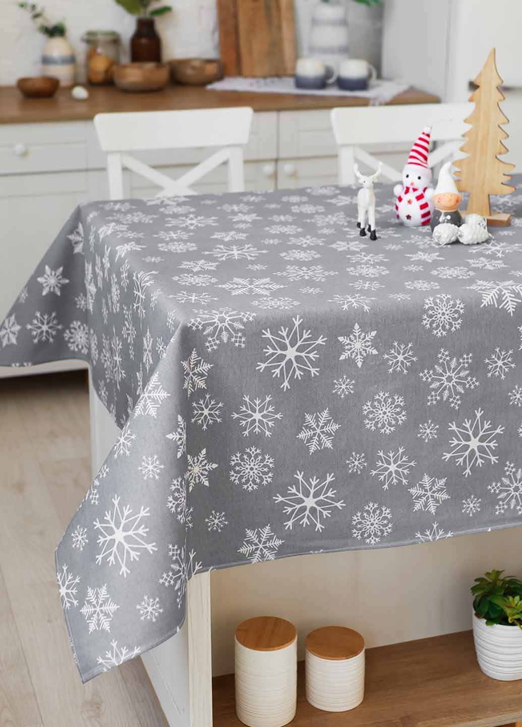 Новогодняя скатерть хлопковая "Снежинки белые (на сером)" 1.5м х 1.1м (кухонный стол) Homedec - (366734900)