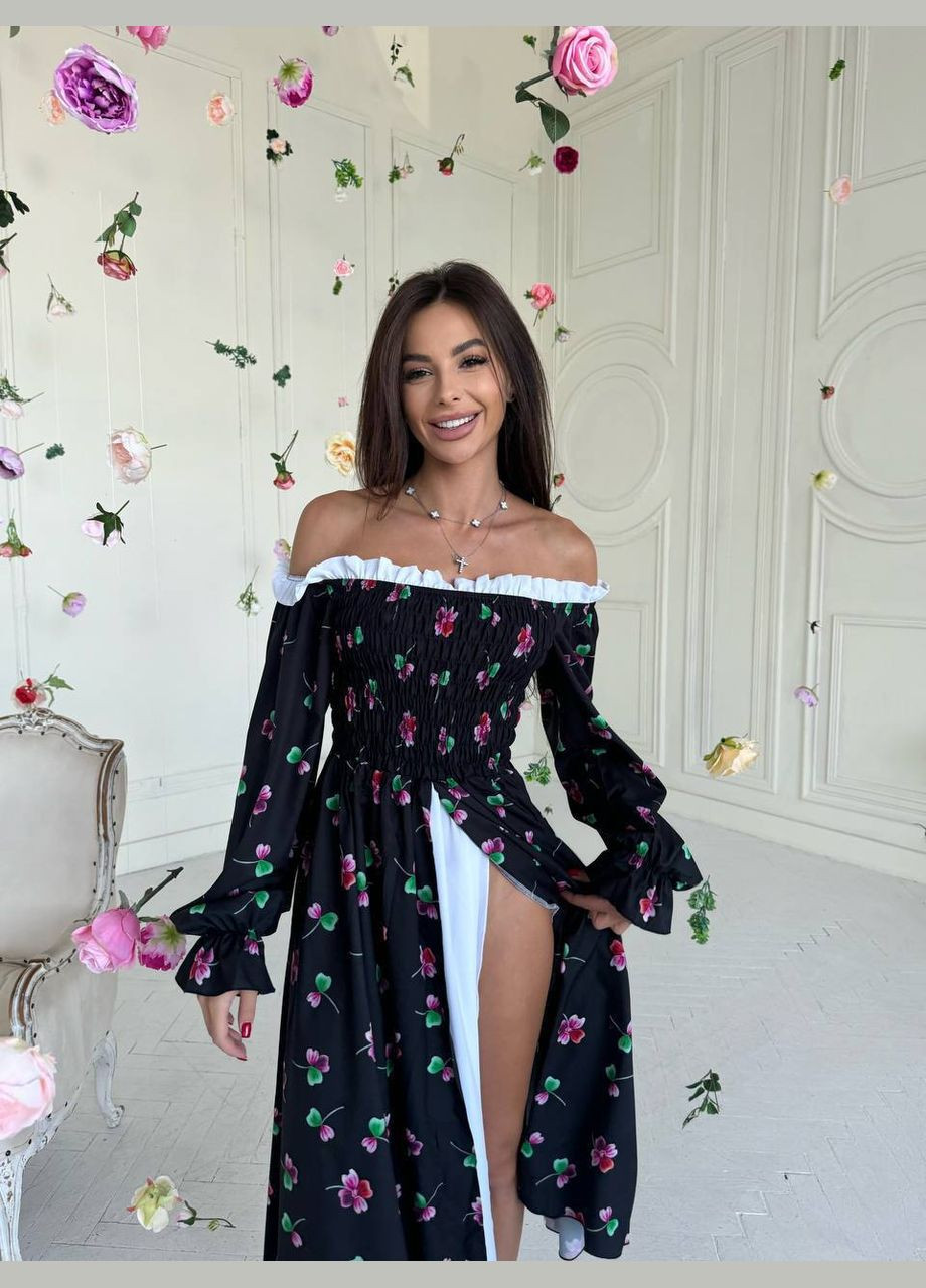 Черное повседневный, праздничный, вечернее платье с принтом клеш Garna с цветочным принтом