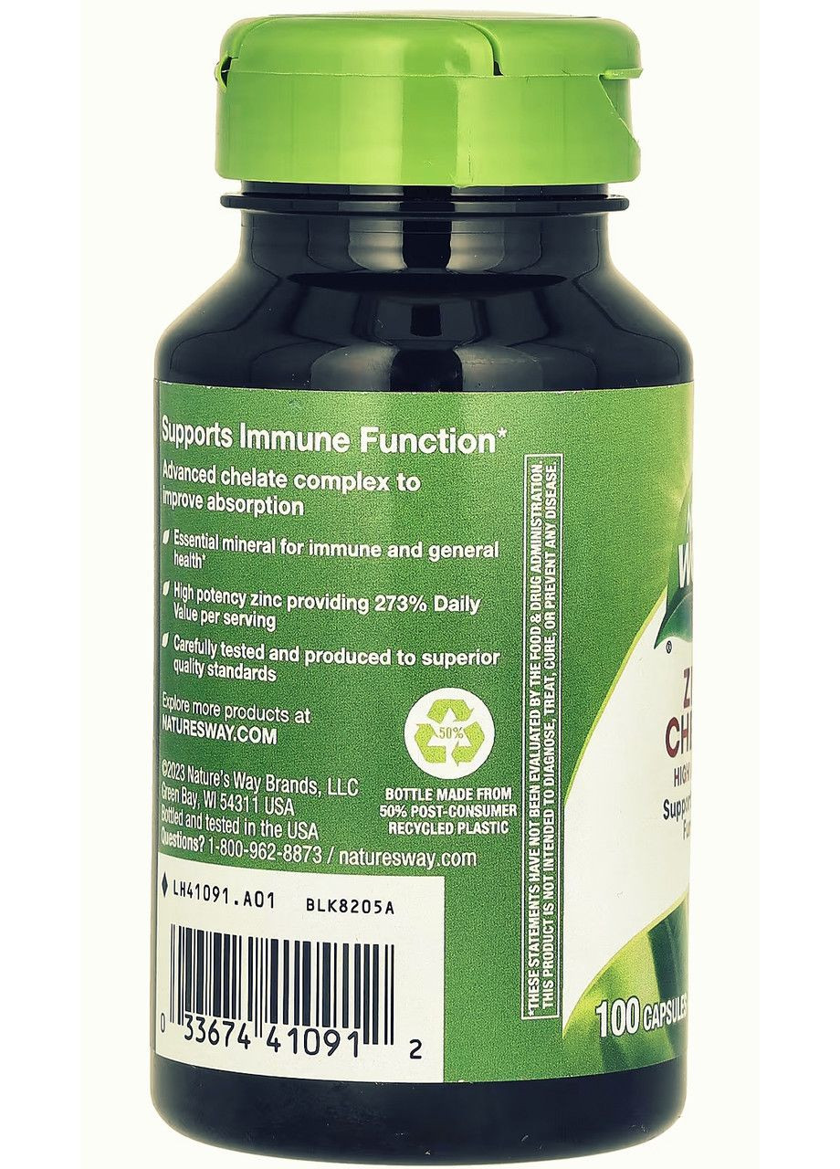 Цинк хелатний (Chelated Zinc) 30мг. 100капсул, зміцнює імунітет людини, " ". Nature's Way (350314610)