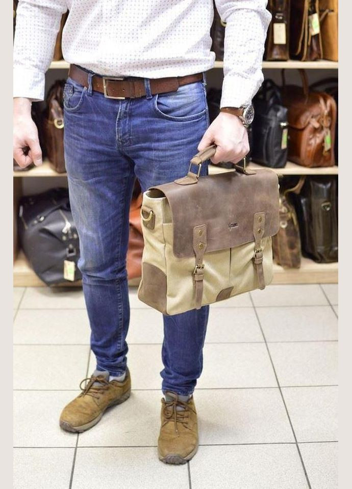 Сумка мужская из натуральной кожи и текстиля портфель в дорогу планшет для документов А4 для телефона Бежевый 34224 TARWA (331861750)