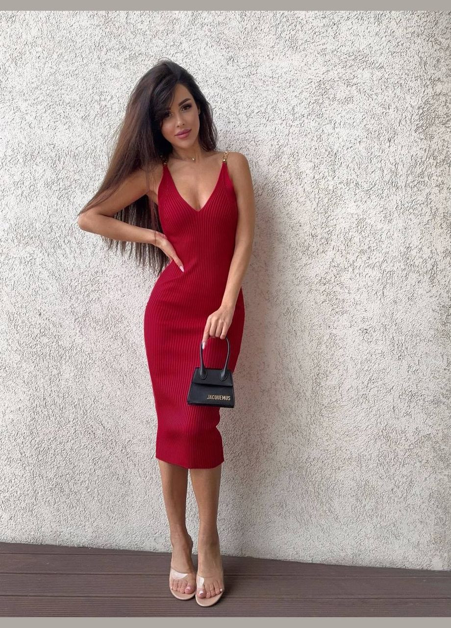 Червона святковий, вечірня, кежуал елегантна сукня в рубчик з бретелями-ланцюжками Vakko однотонна