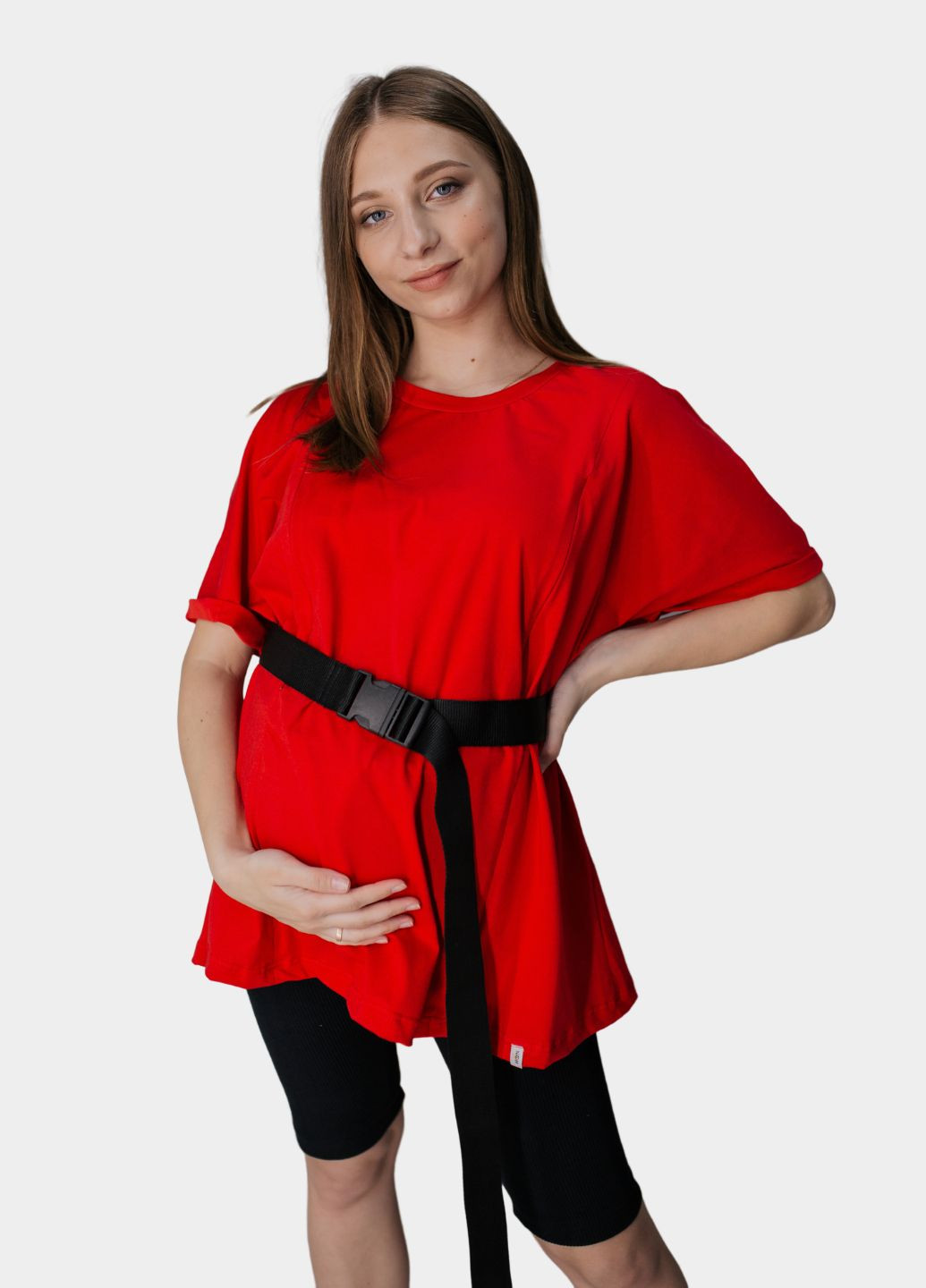Красная всесезон футболка для беременных оверсайз с секретом для кормления с коротким рукавом HN