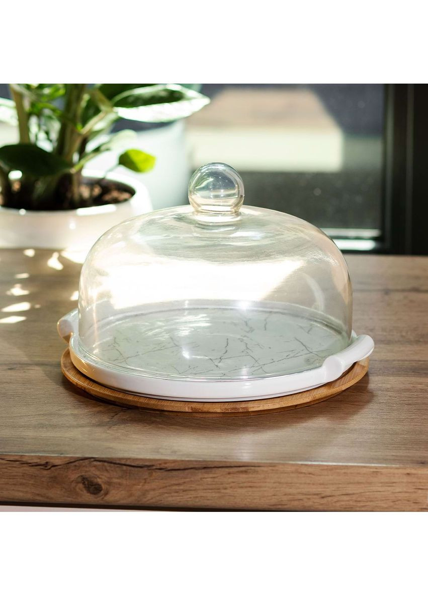 Тортівниця Yiwu керамічна зі скляною кришкою 25 см біла HP1203 No Brand (360977666)