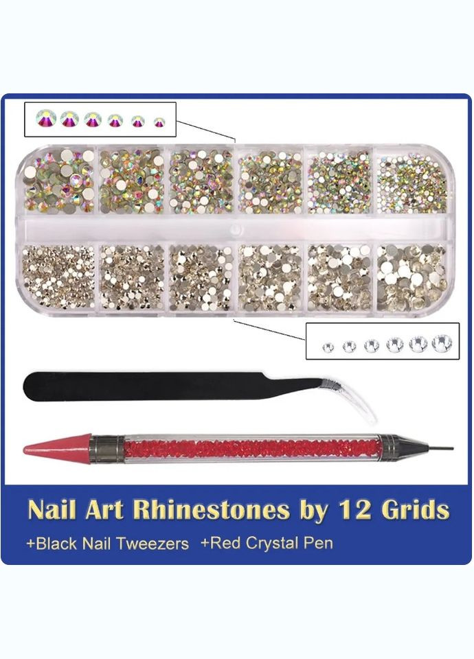 Набор стразов для ногтей 12 разных размеров с пинцет и дотс PTB12-SS4-16 XJXN (297707700)
