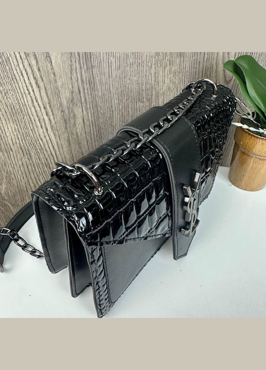 Женская мини сумочка клатч лаковая рептилия с магнитом, цепочка, черная (sku_1617) No Brand (330576168)