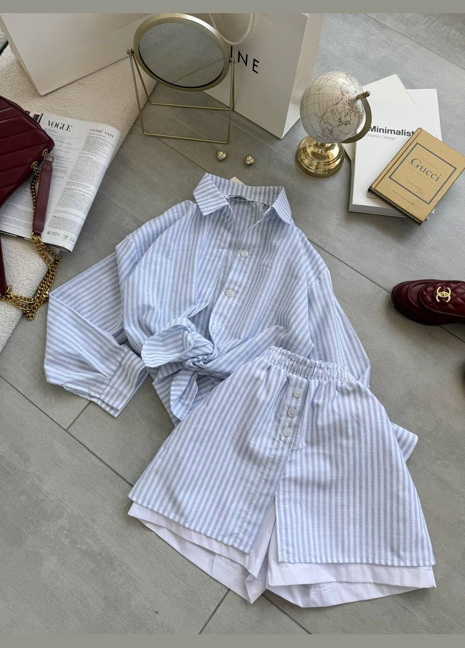 Льняний літній костюм двійка у смужку у блакитному кольорі No Brand 585-1 (338537754)