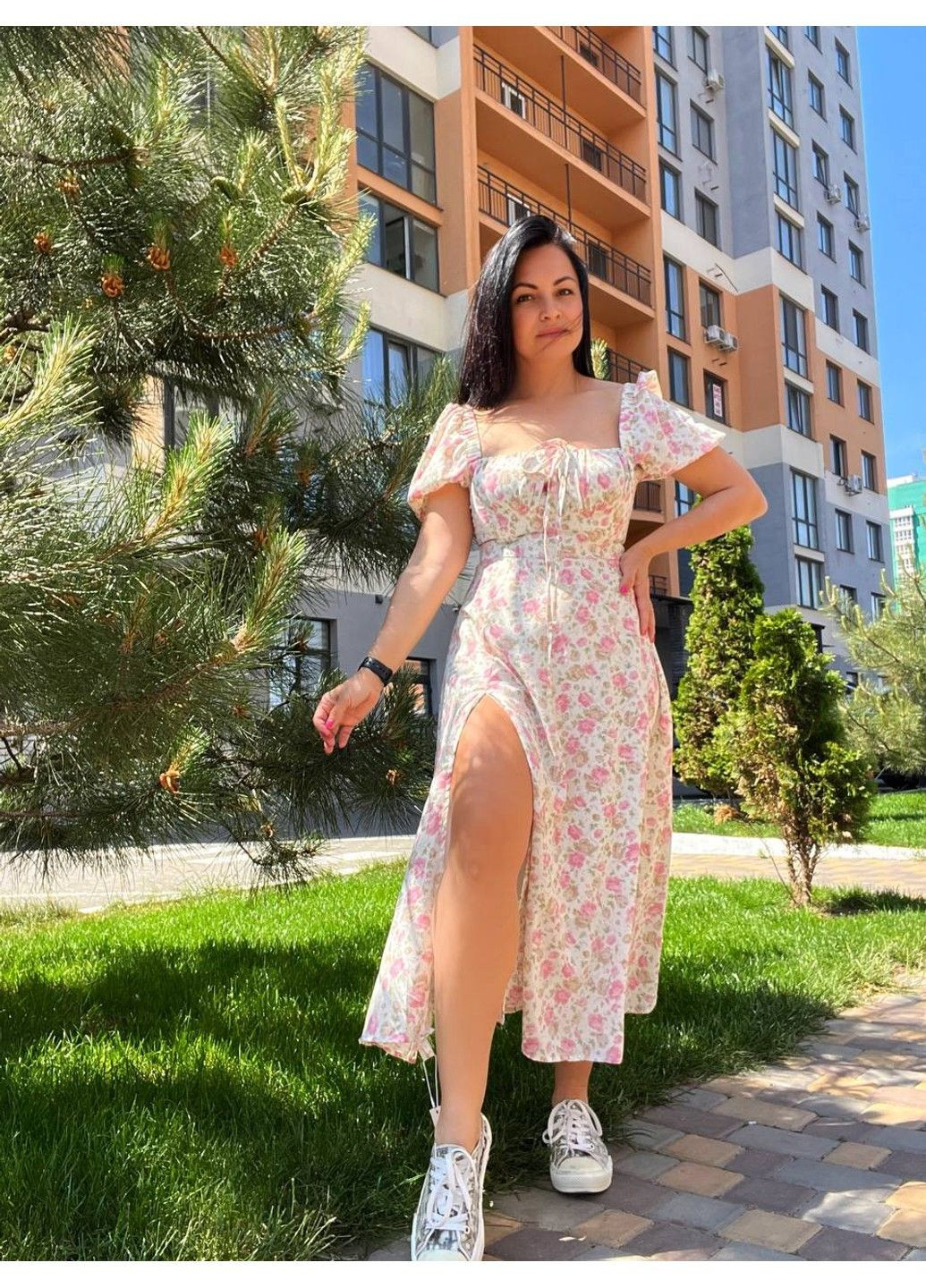 Білий кежуал сукня жіноча літня a-n 2669 квітковий принт розріз шнурок на грудях довге No Brand з квітковим принтом