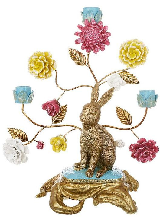 Декоративний свічник Заєць з квітами полістоун для дому та саду статуетка для свічок висота 37 см Bona (368987141)