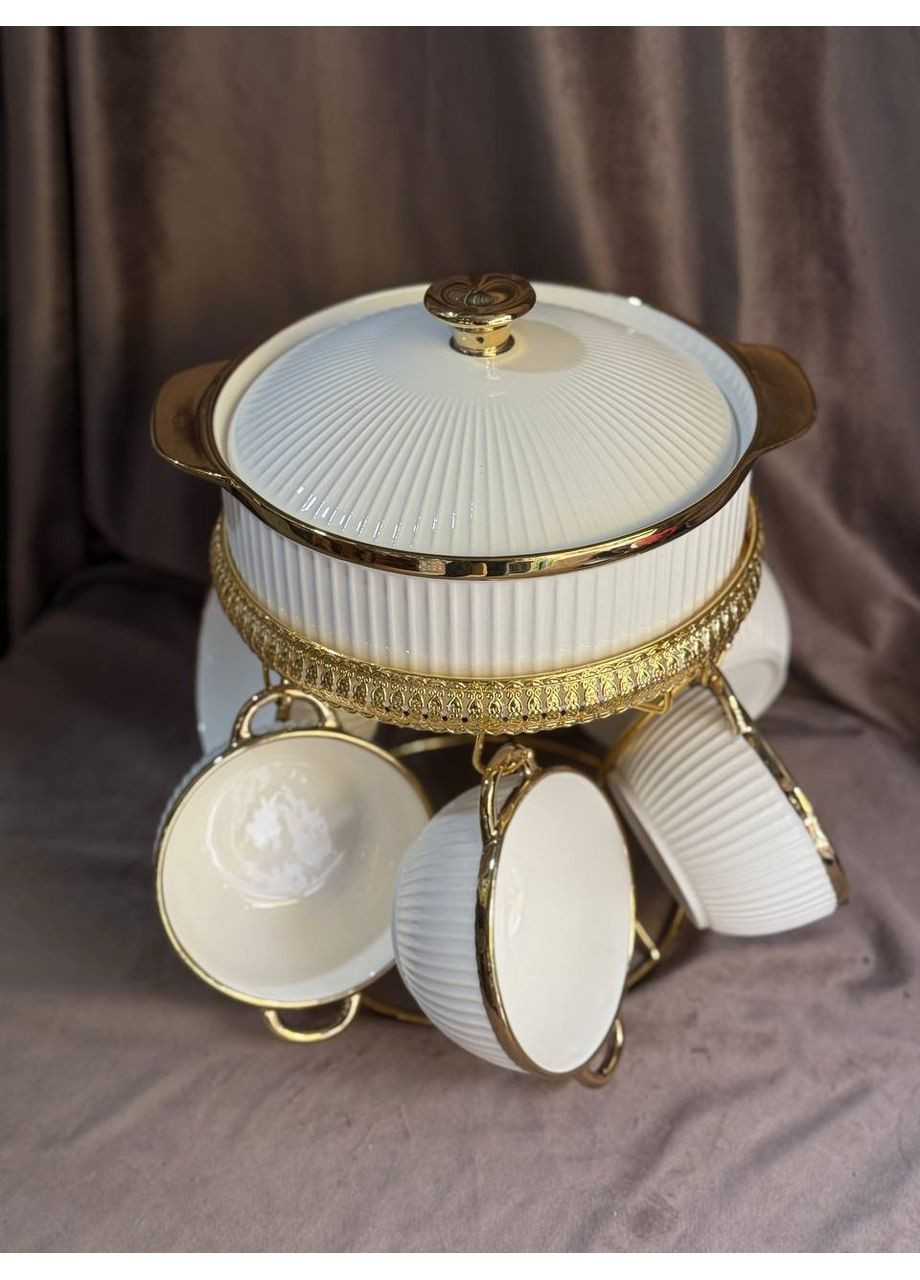 Суповий сервіз ML151 із порцеляни на металевій підставці 8 предметів 6 персон Білий з золотим Yiwu (366081687)